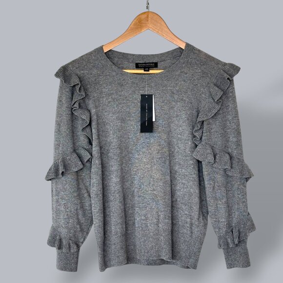 NEW Banana Republic Womens Gray Cashmere Wool Ruffle Sleeve Sweater Size XS - Picture 2 of 9